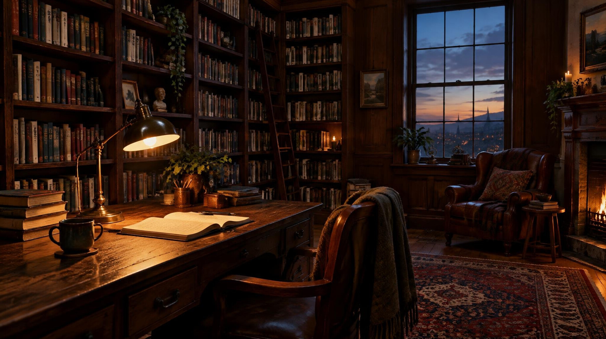 Cozy writer's study with tall bookshelves and a warm desk lamp