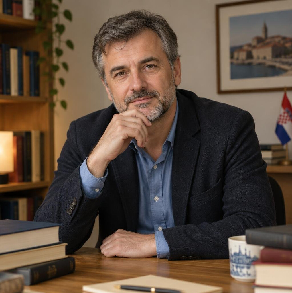 Portrait of a Croatian male novelist sitting at his wooden desk