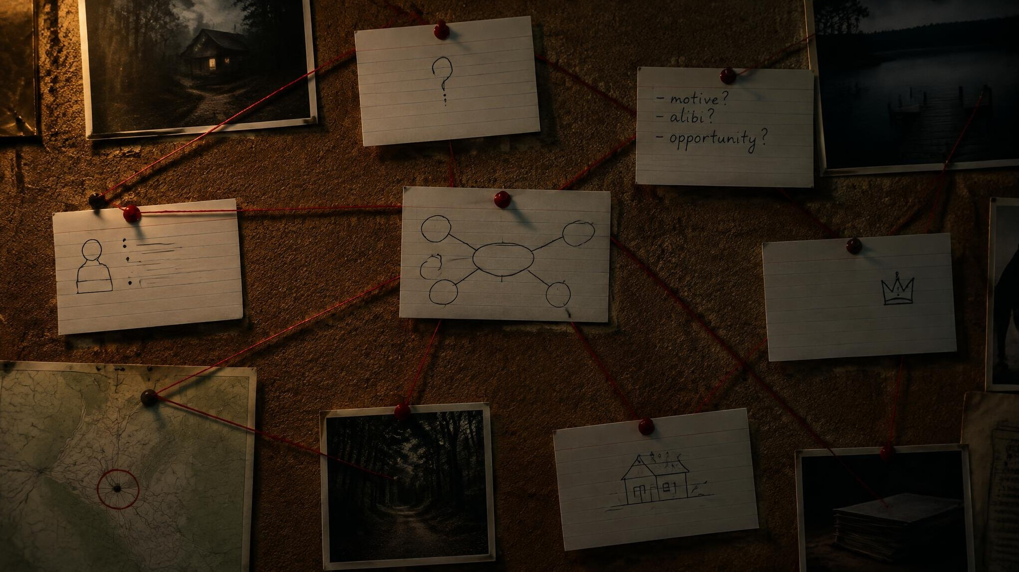 Corkboard with handwritten plot notes connected by red string