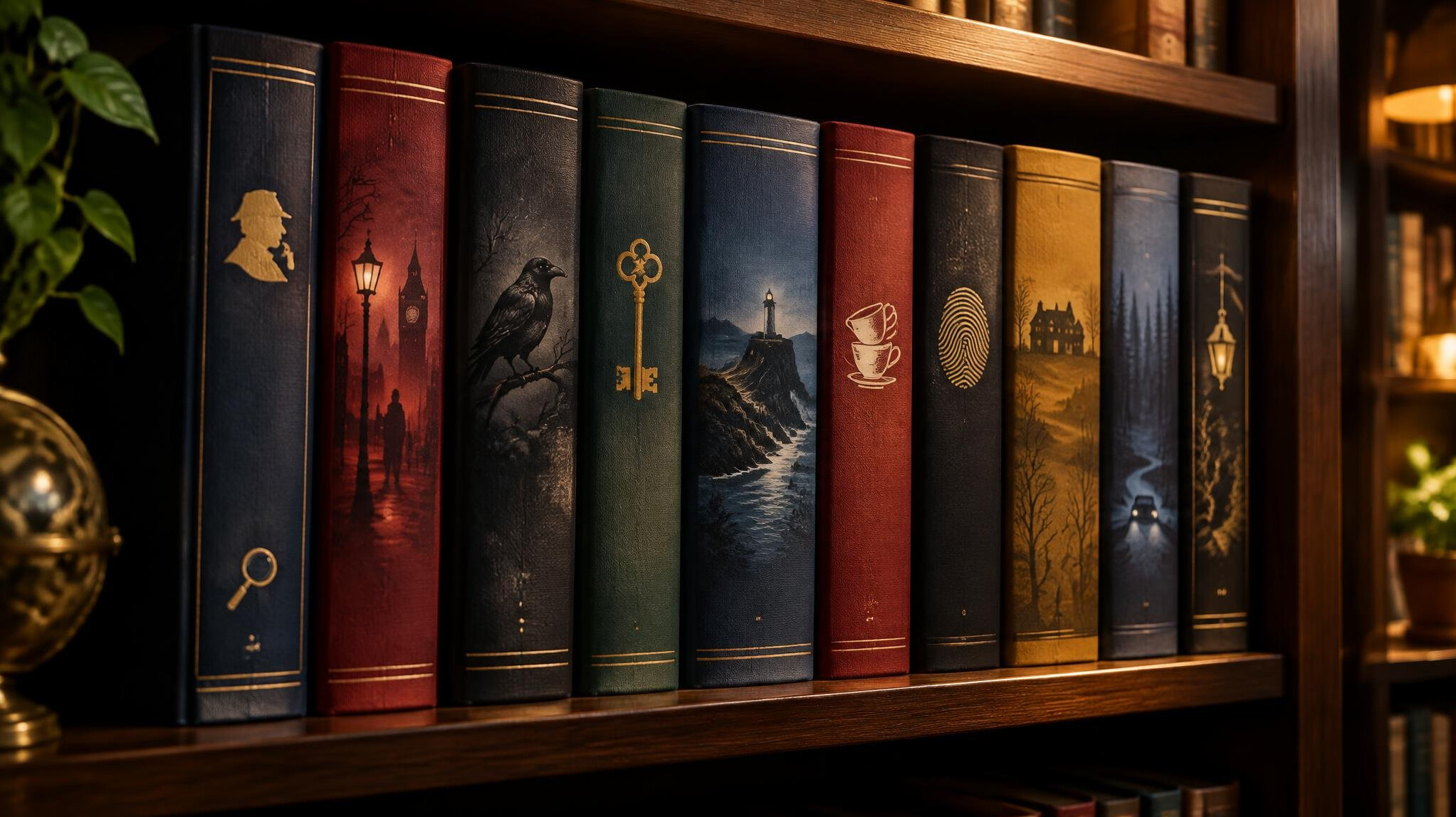 Row of mystery novel hardcover books standing on a wooden shelf