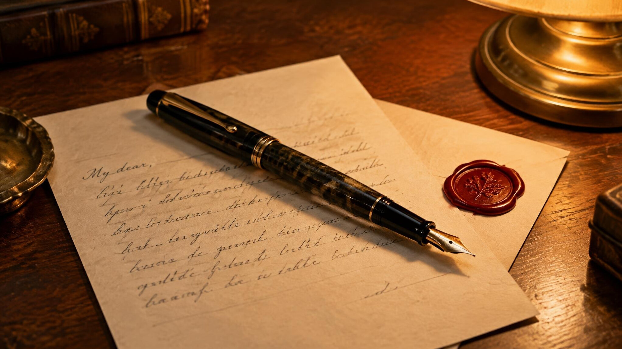 Fountain pen resting on a handwritten letter with a wax seal