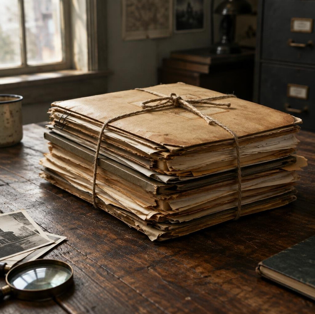 Stack of aged documents and case files tied with string on a wooden table