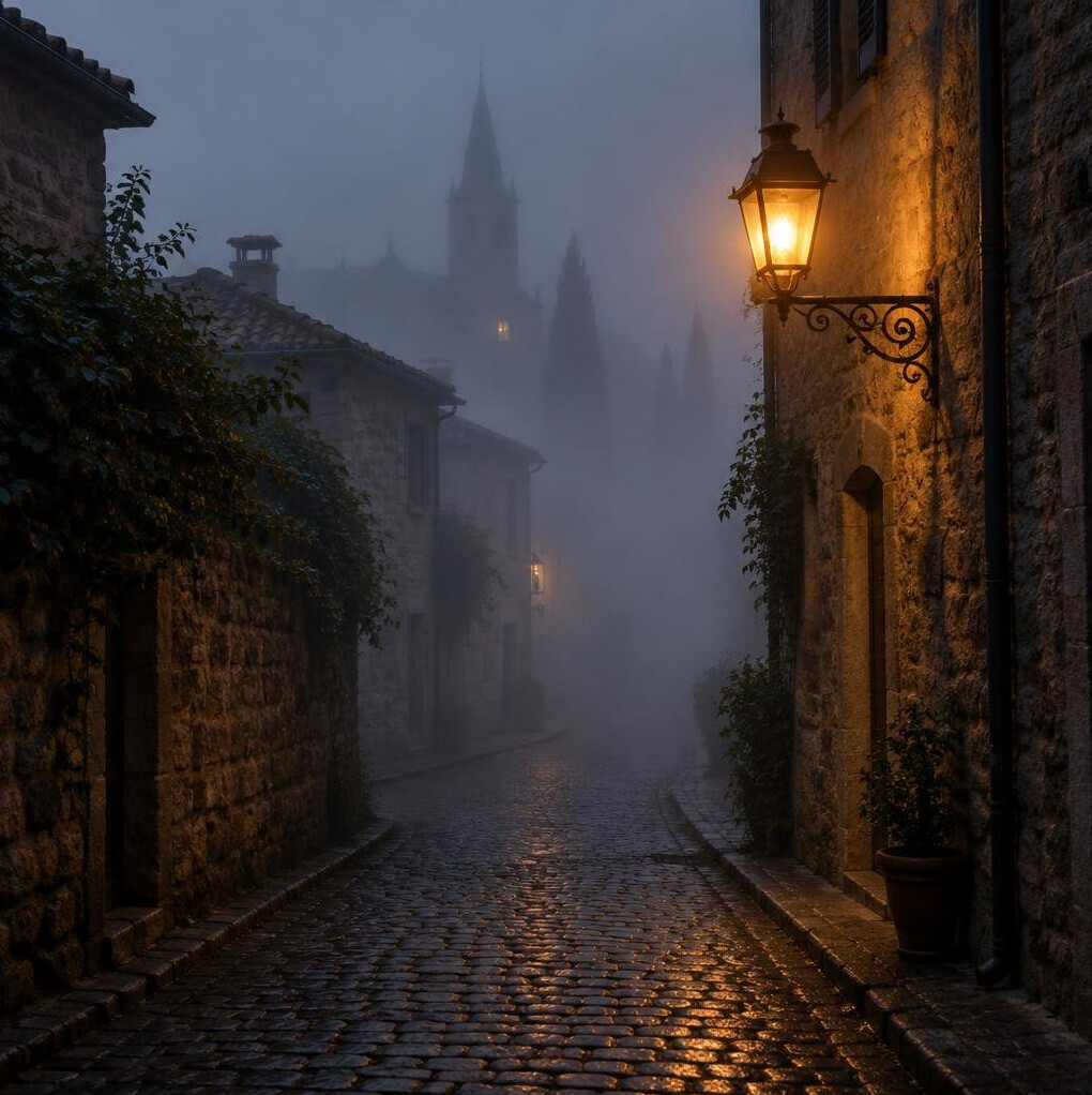 Foggy cobblestone European street lit by an old street lamp at dusk
