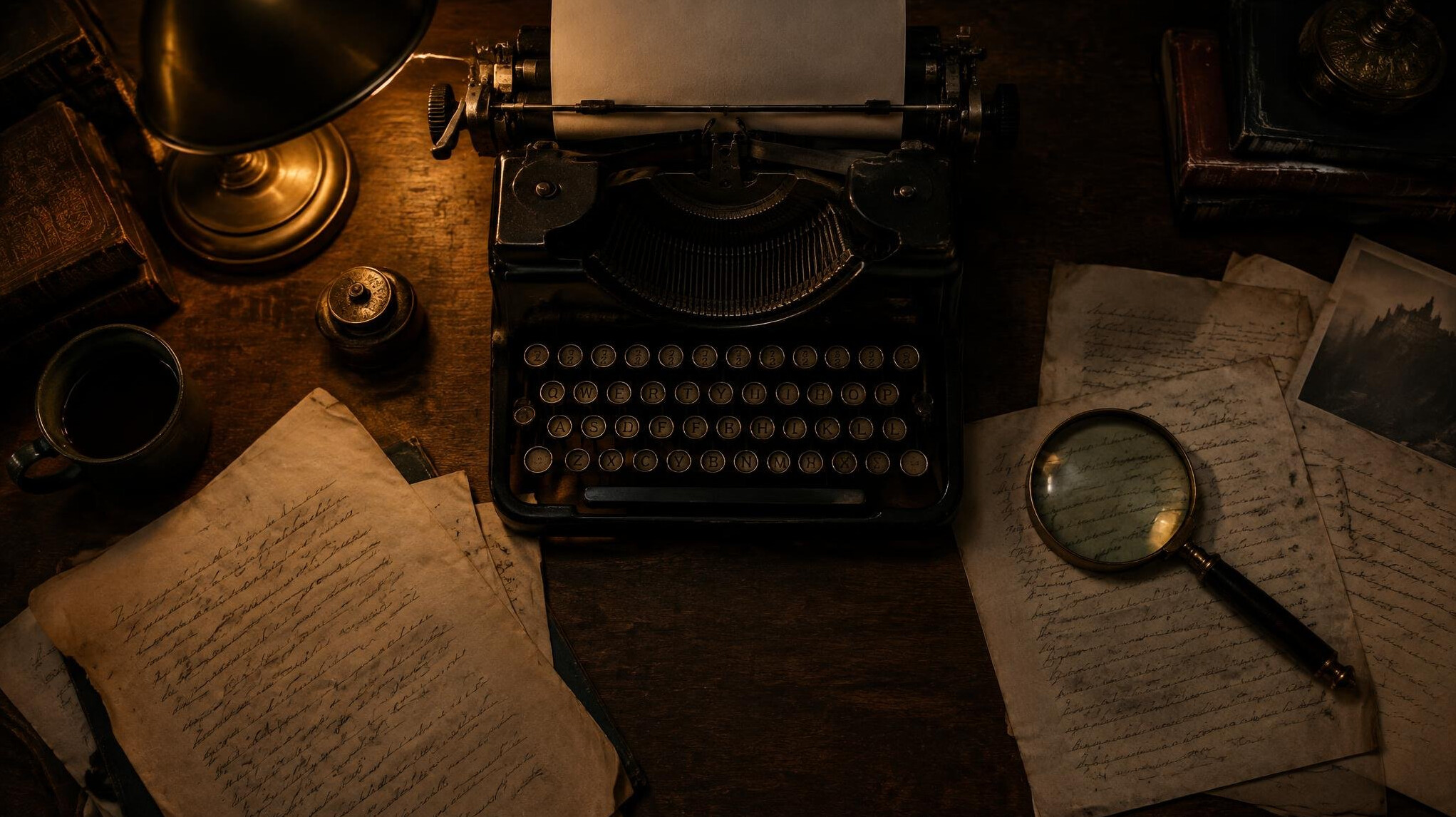 Vintage typewriter with a handwritten manuscript and magnifying glass on a desk