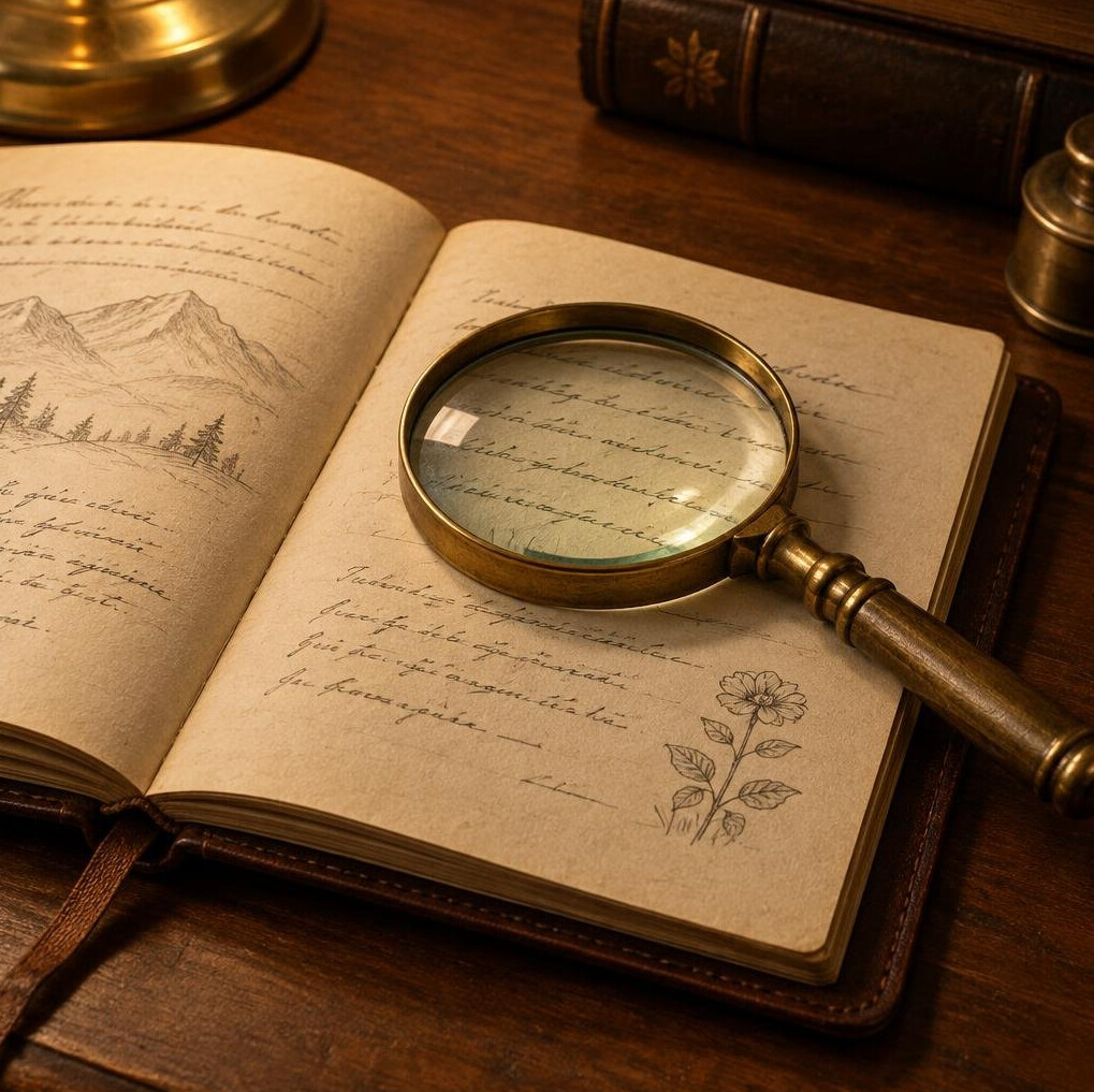Open notebook with handwritten notes and a magnifying glass on top