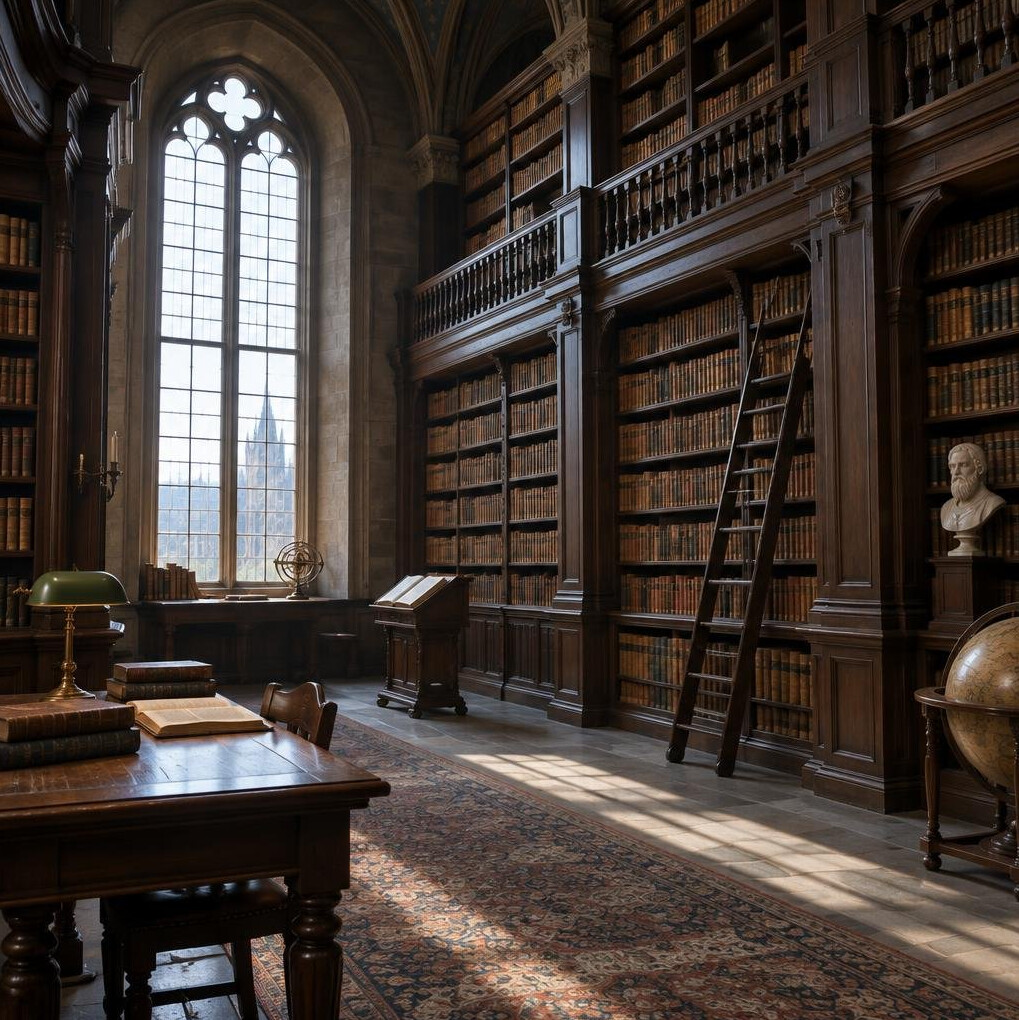 Interior of an old European library with tall wooden bookshelves