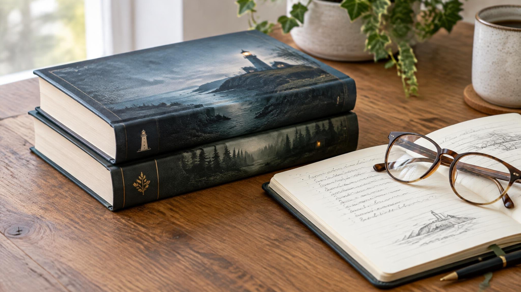 Two hardcover novels and a notebook arranged beside reading glasses