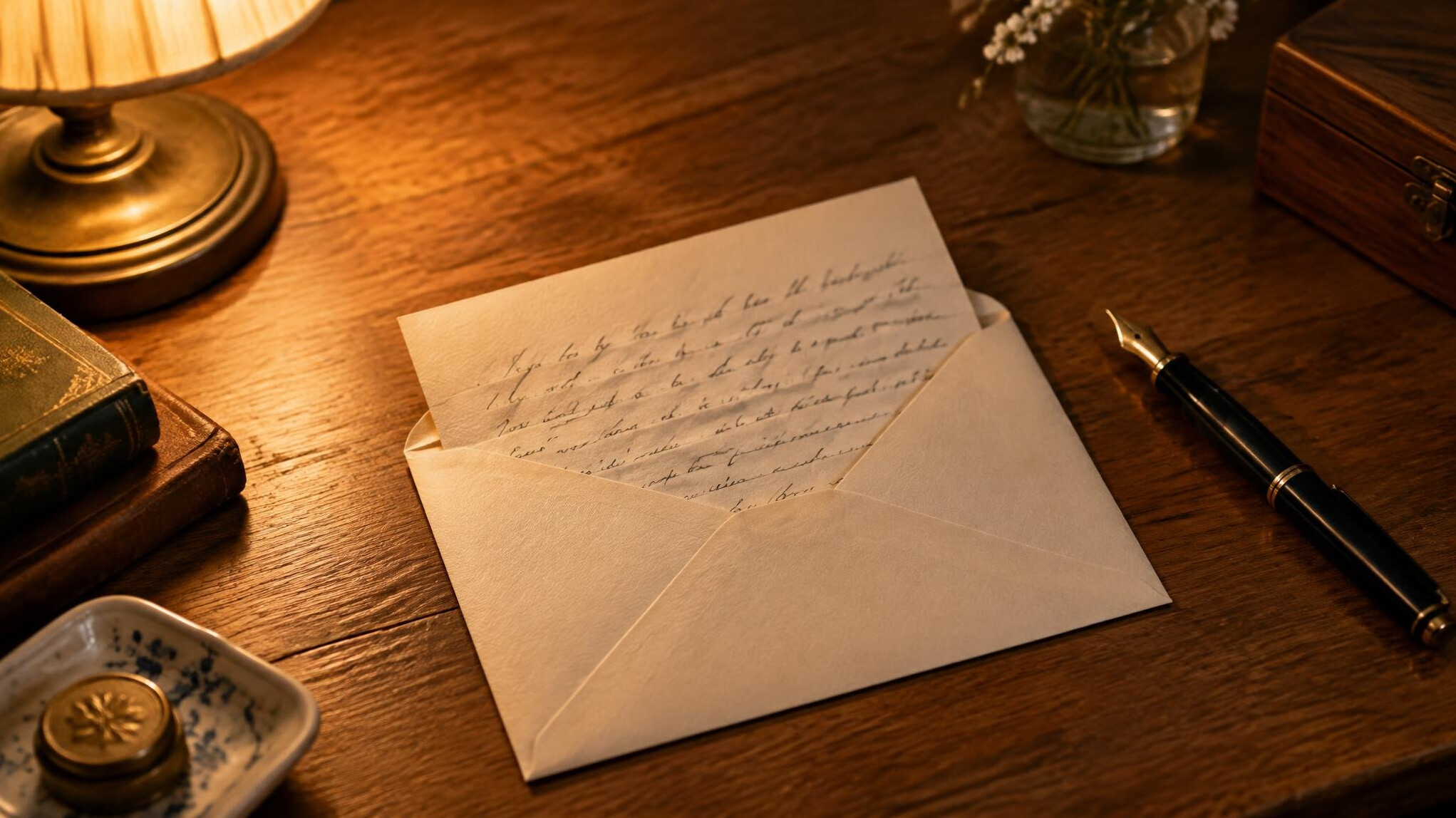 Handwritten letter being sealed into an envelope on a wooden desk
