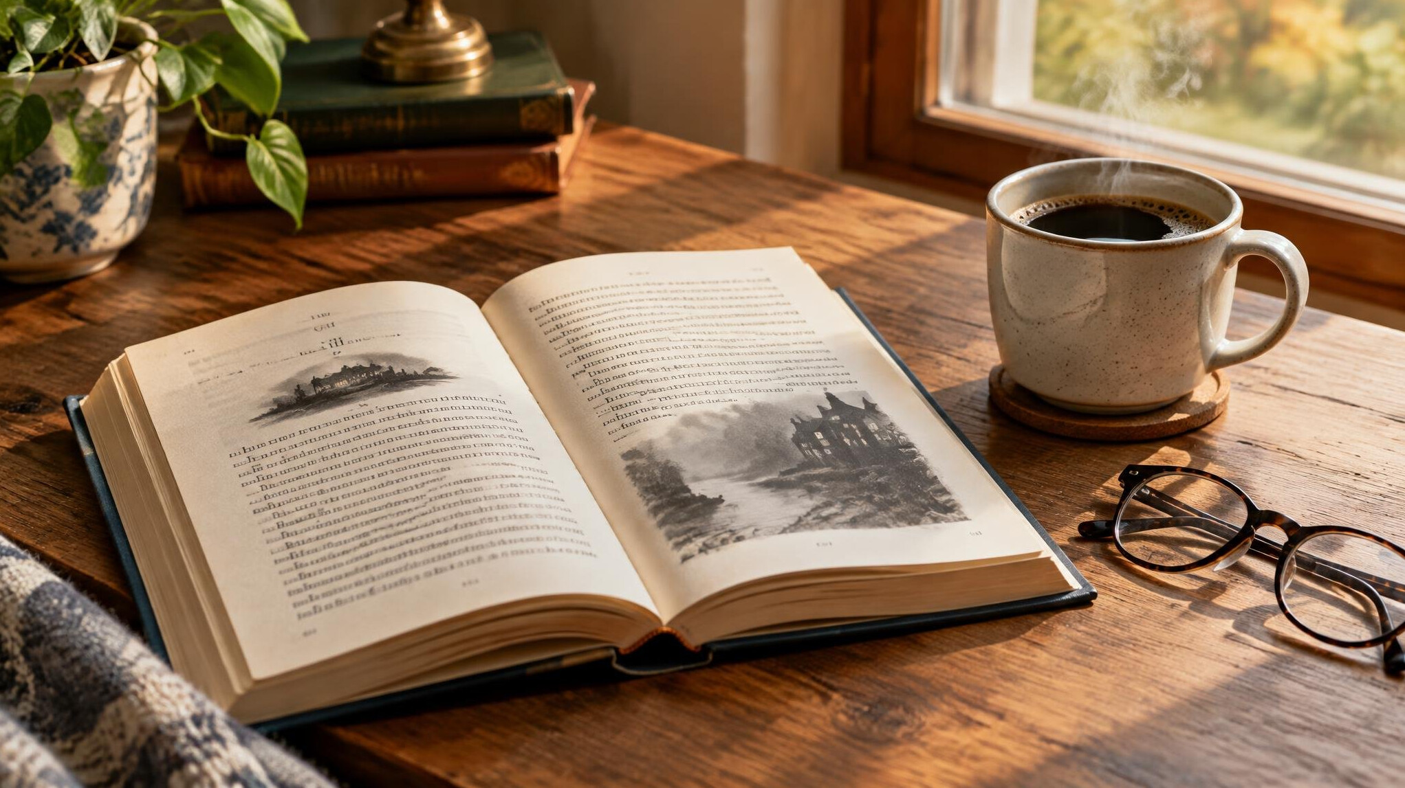 Open hardcover mystery novel on a wooden table with coffee and reading glasses
