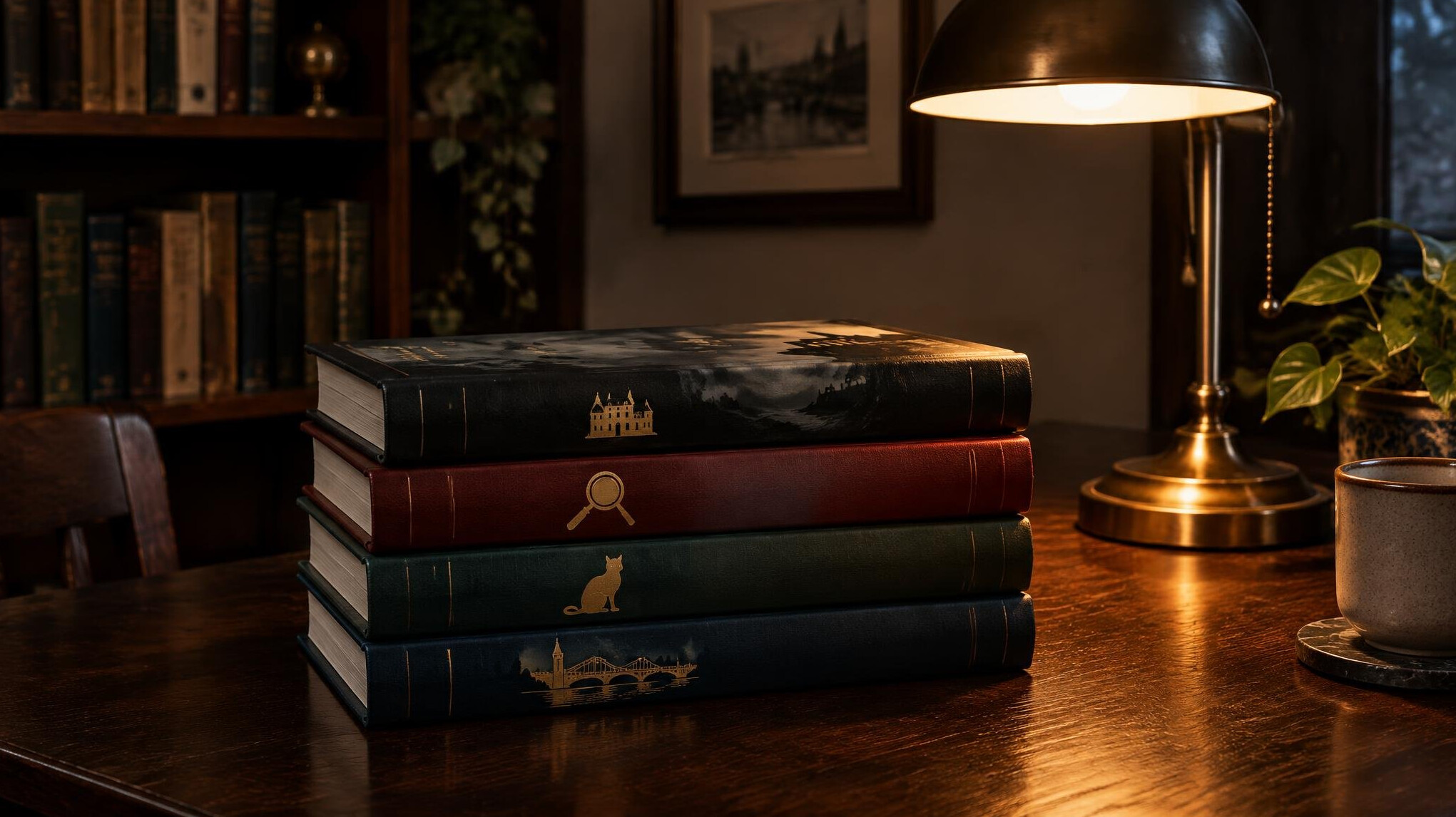 Collection of hardcover mystery novels stacked on a wooden table